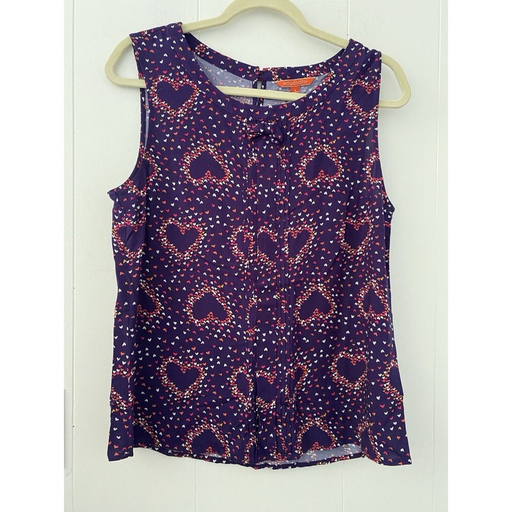 ModCloth Heart Print Sleeveless Blouse Bow‎ Neck Pleated Top Purple Large